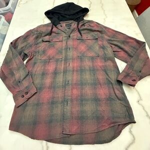 No Boundaries Red and Gray Plaid Shirt with Black Hood